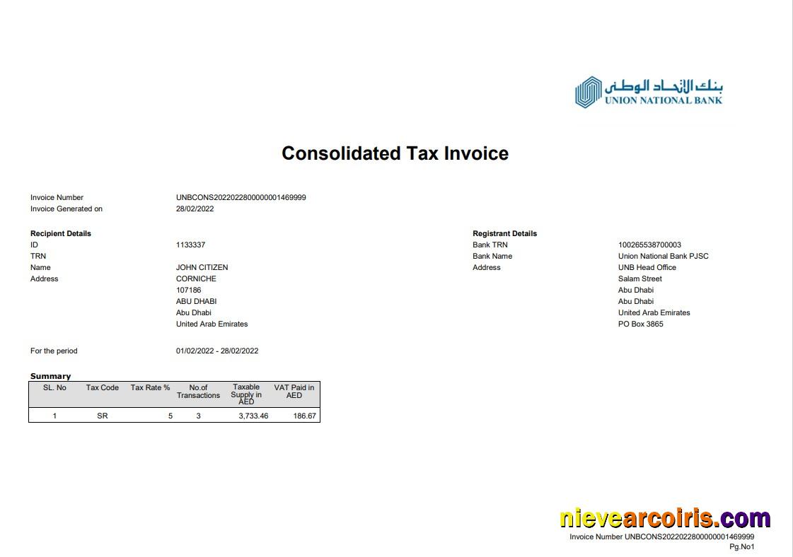 UAE Abu Dhabi Union National bank statement 2 pages
